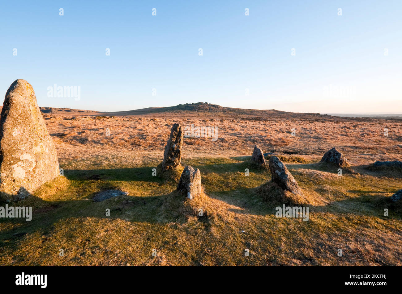 Il Merrivale pietre, età del bronzo fila di granito vicino a Tavistock Dartmoor Devon Foto Stock