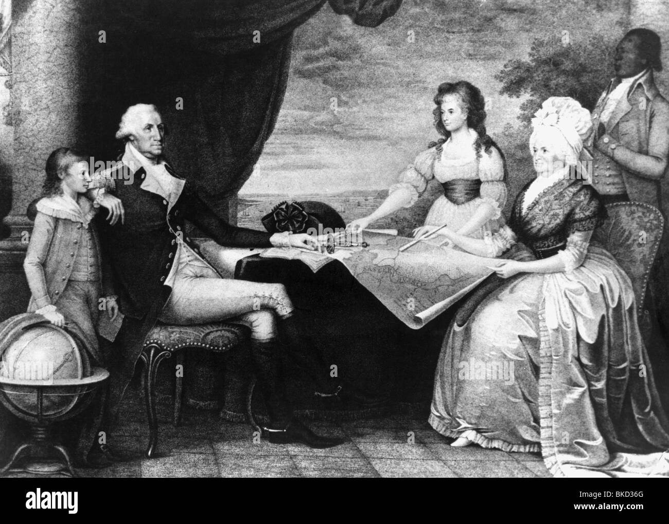 Washington, George, 22.2.1732 - 14.12.1799, generale e politico americano, 1st Presidente degli Stati Uniti 30.4.1789 - 4.3.1797, con moglie Martha e figliastri Eleanor e John Cuscis, Mount Vernon, Virginia, pittura, 18th secolo, , Foto Stock