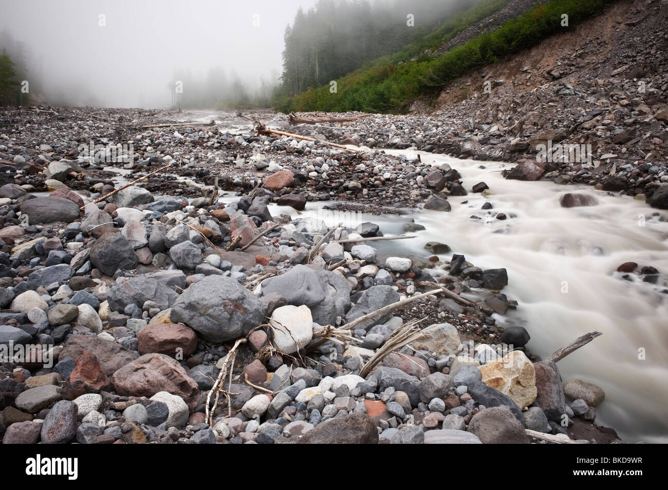 I detriti rocciosi del bacino del fiume Nisqually che fluisce dalla fusione del ghiacciaio del Monte Rainier, Washington Foto Stock