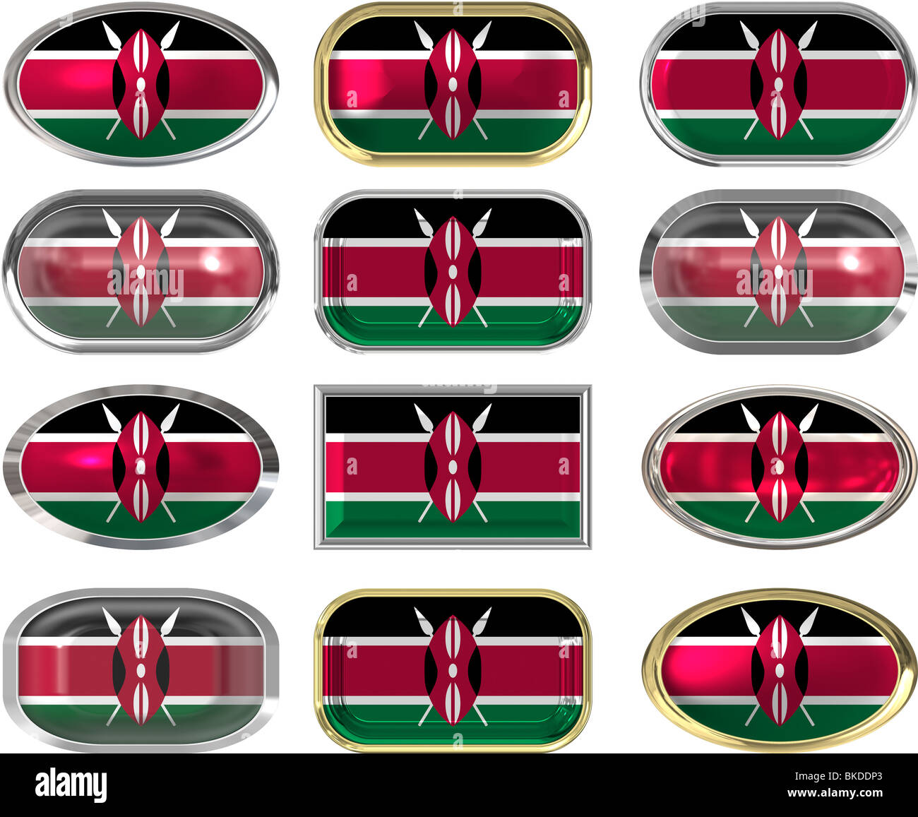 Dodici grandi pulsanti della bandiera del Kenya Foto Stock