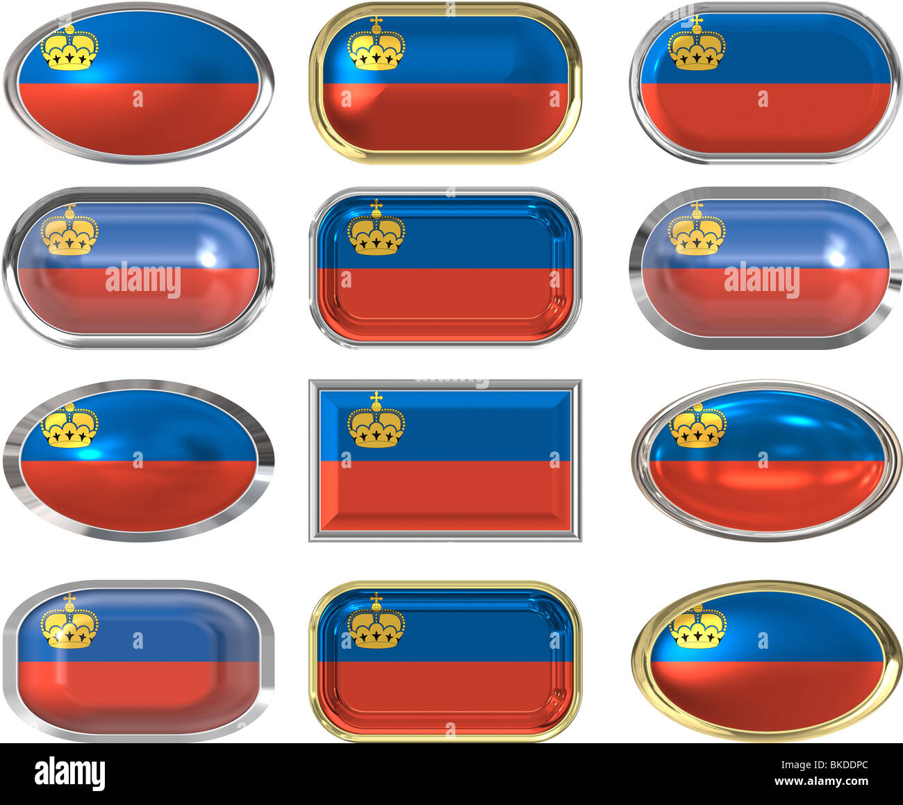 Dodici grandi pulsanti della bandiera del Liechtenstein Foto Stock