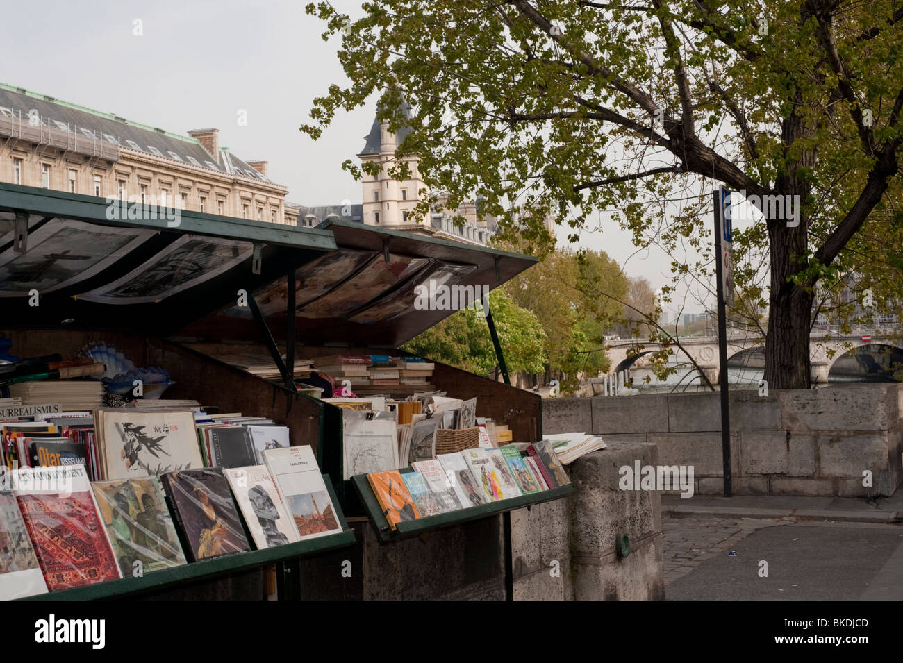 Vecchi libri francesi in vendita all'esterno del mercato marciapiede, Parigi, Francia, Seine River Quay, Bouquinistes, antichi venditori di libri, chioschi di libri lungo il fiume, Parigi d'epoca, libri usati francia, souvenir parigi Foto Stock