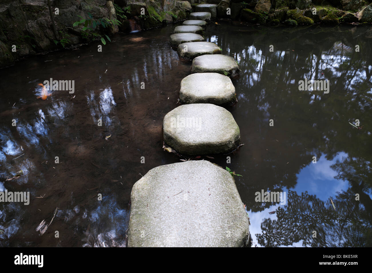 Passi conducono attraverso lo stagno giardino a Tenjuan, una sub-tempio di Nanzenji in Kyoto. Foto Stock