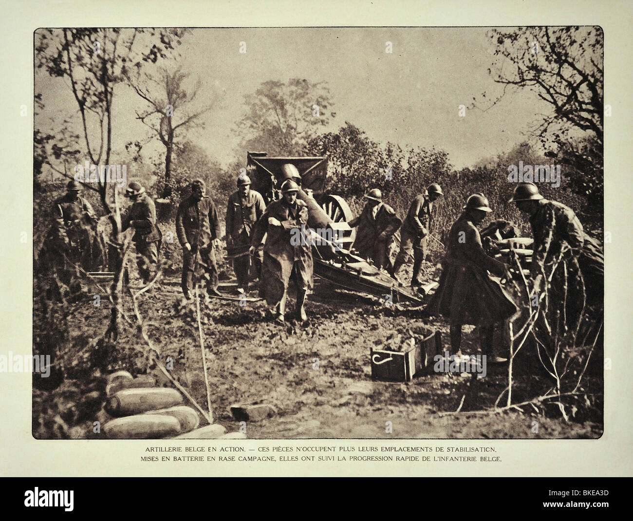 Belga di WW1 soldati di artiglieria / gunners cannone di sparo a battlefield in Fiandra occidentale durante la Prima Guerra Mondiale uno, Belgio Foto Stock