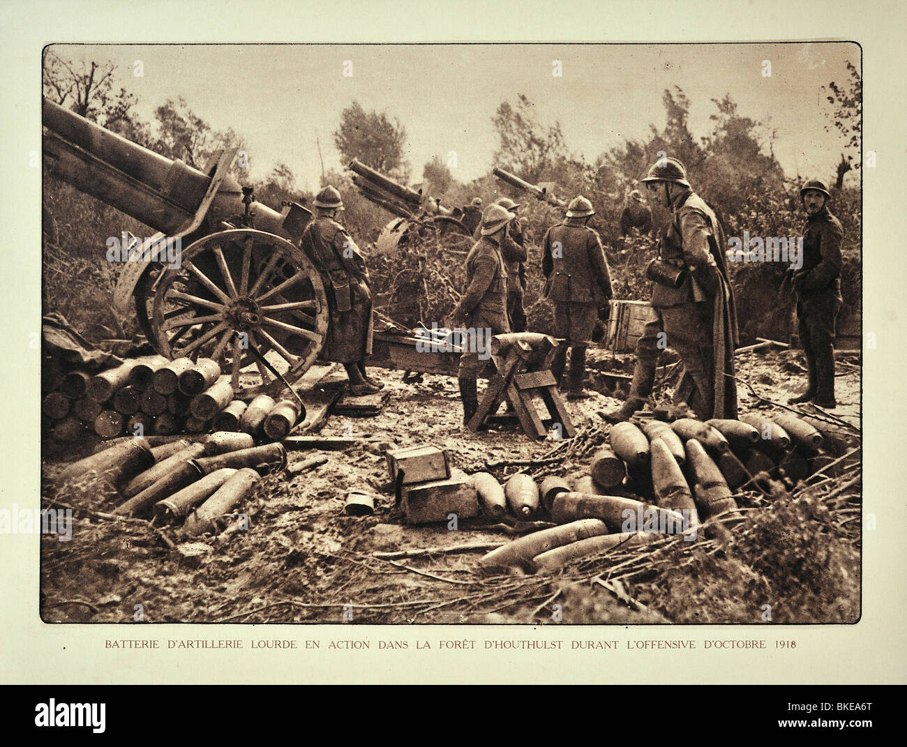 Artiglieria belga soldato sparare cannoni della batteria dalla foresta a Houthulst, Fiandre Occidentali durante la Prima Guerra Mondiale uno, Belgio Foto Stock