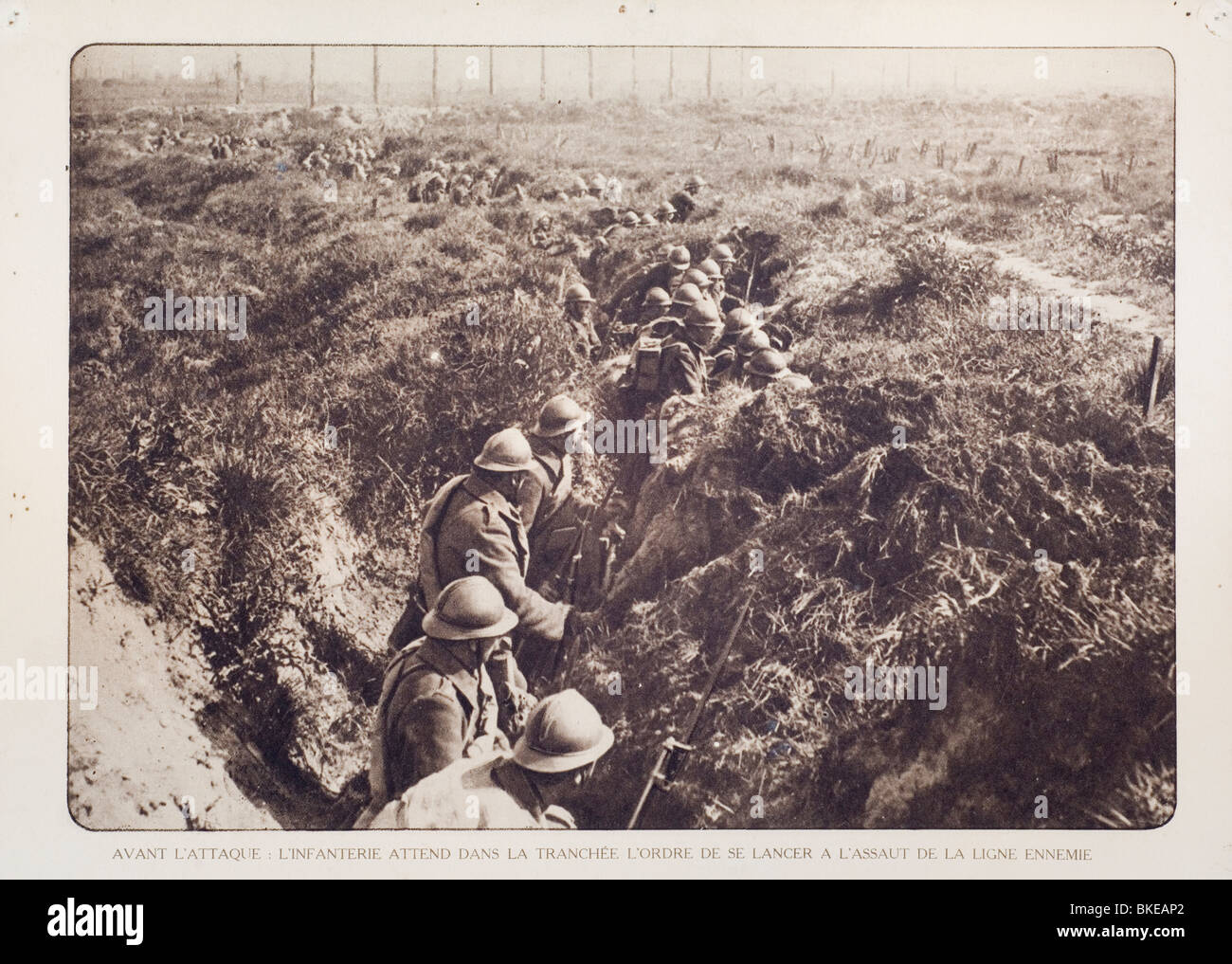 La prima guerra mondiale belga soldati di fanteria in attesa in trincee per caricare i tedeschi in Fiandra occidentale durante la Prima Guerra Mondiale uno, Belgio Foto Stock