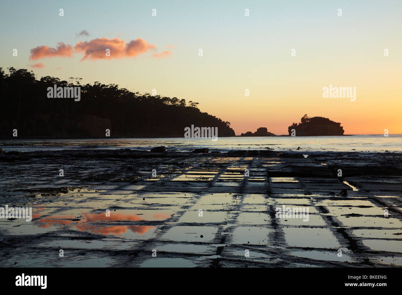 Sunrise riflessa nella pavimentazione a mosaico, Eaglehawk Neck, Penisola Tasmana, Sud Tasmania, Australia Foto Stock