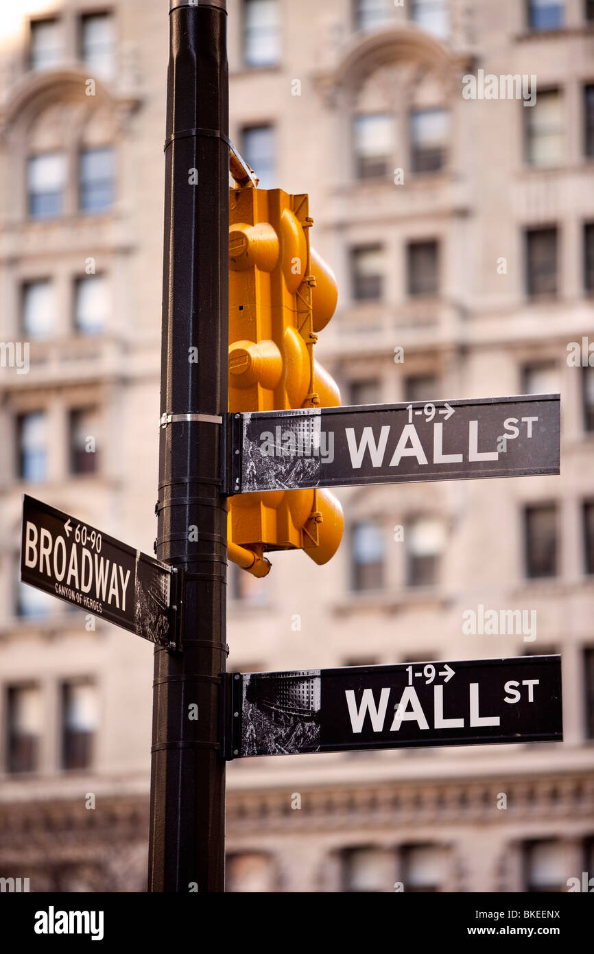 Segnale stradale e i segnali stradali a Wall Street e Broadway, New York City, Stati Uniti d'America Foto Stock