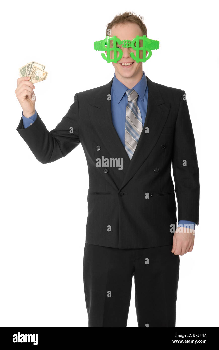Uomo d affari con il simbolo del dollaro di vetri e di denaro. Foto Stock