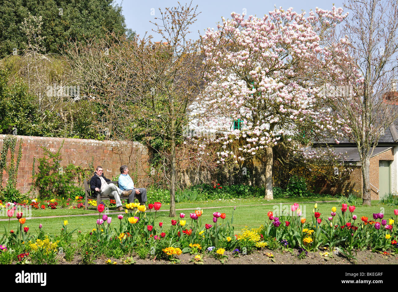 Piccolo parco in primavera, High Street, Hurstpierpoint, West Sussex, in Inghilterra, Regno Unito Foto Stock