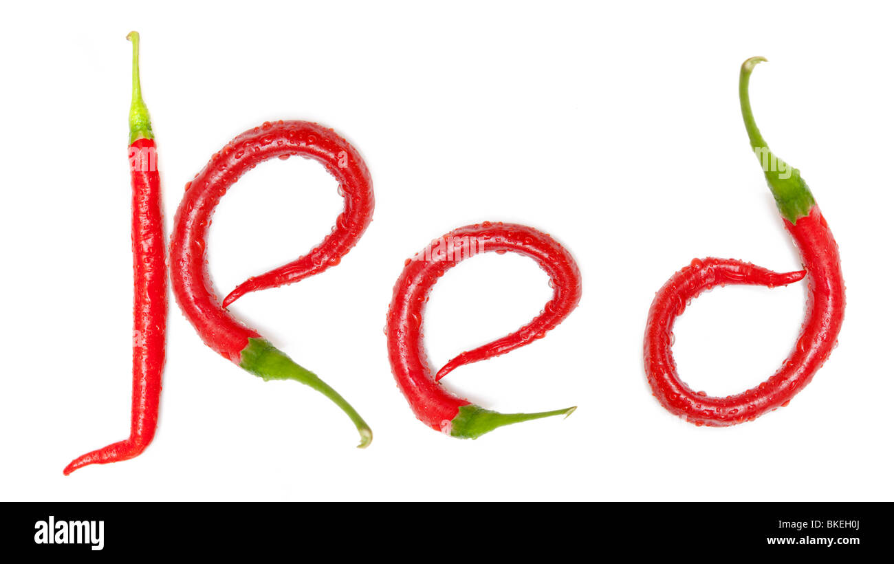 La parola 'red' fatta di Rosso peperoncini jalapeno Foto Stock