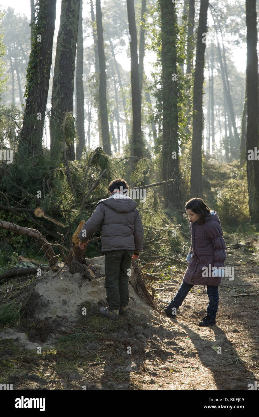Due giovani bambini (un ragazzo e una ragazza 7-8 anni) passeggiate in Anglet Chiberta foresta. Foto Stock