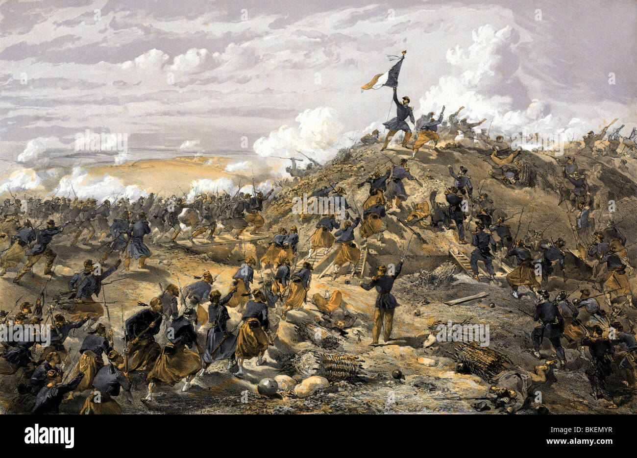 Stampa Vintage intitolato "L'attacco sul Malakoff" e raffiguranti la battaglia di Malakoff (7 settembre 1855) in Guerra di Crimea. Foto Stock