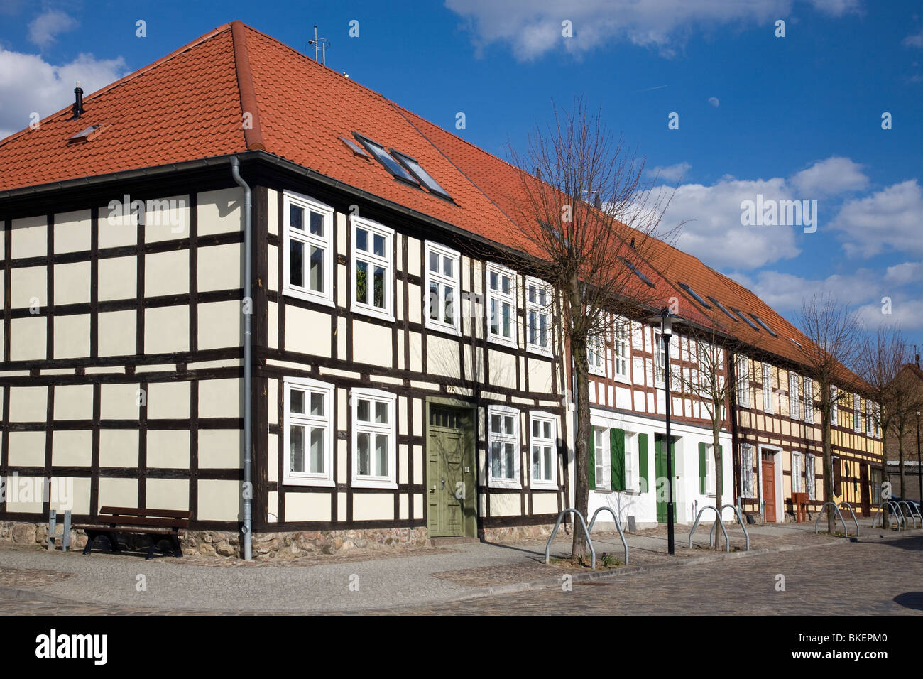 Le case con la struttura in legno, Templin, Brandeburgo, Germania Foto Stock