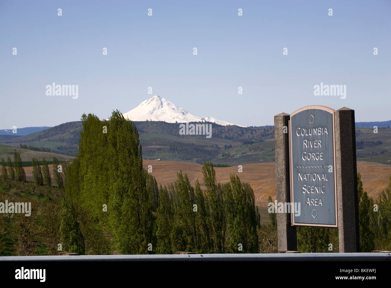 Montare il cofano e un segno per la Columbia River Gorge National Scenic Area, in dalles, Oregon Foto Stock