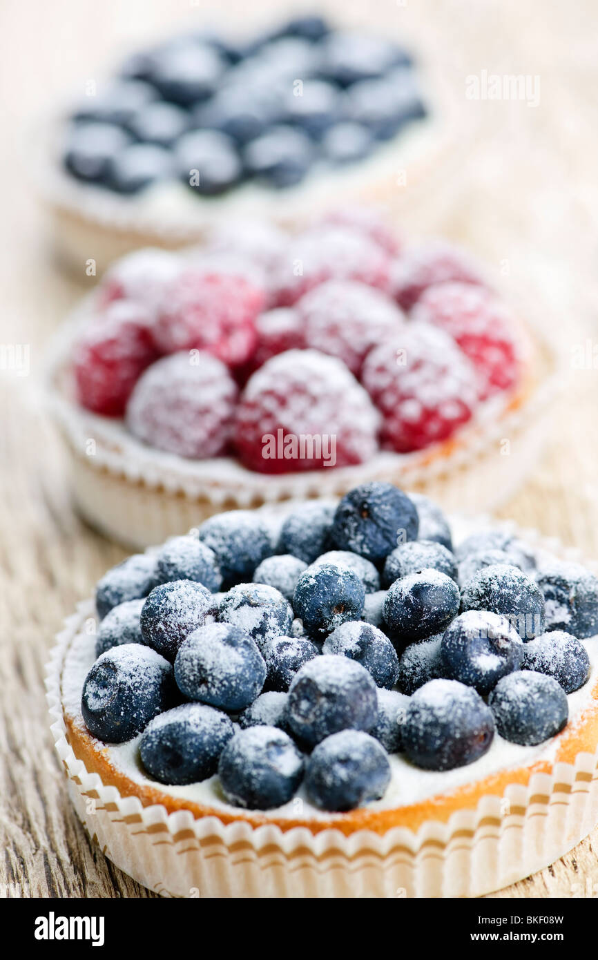 Primo piano della fantasia gourmet di frutti di bosco freschi dessert crostate Foto Stock