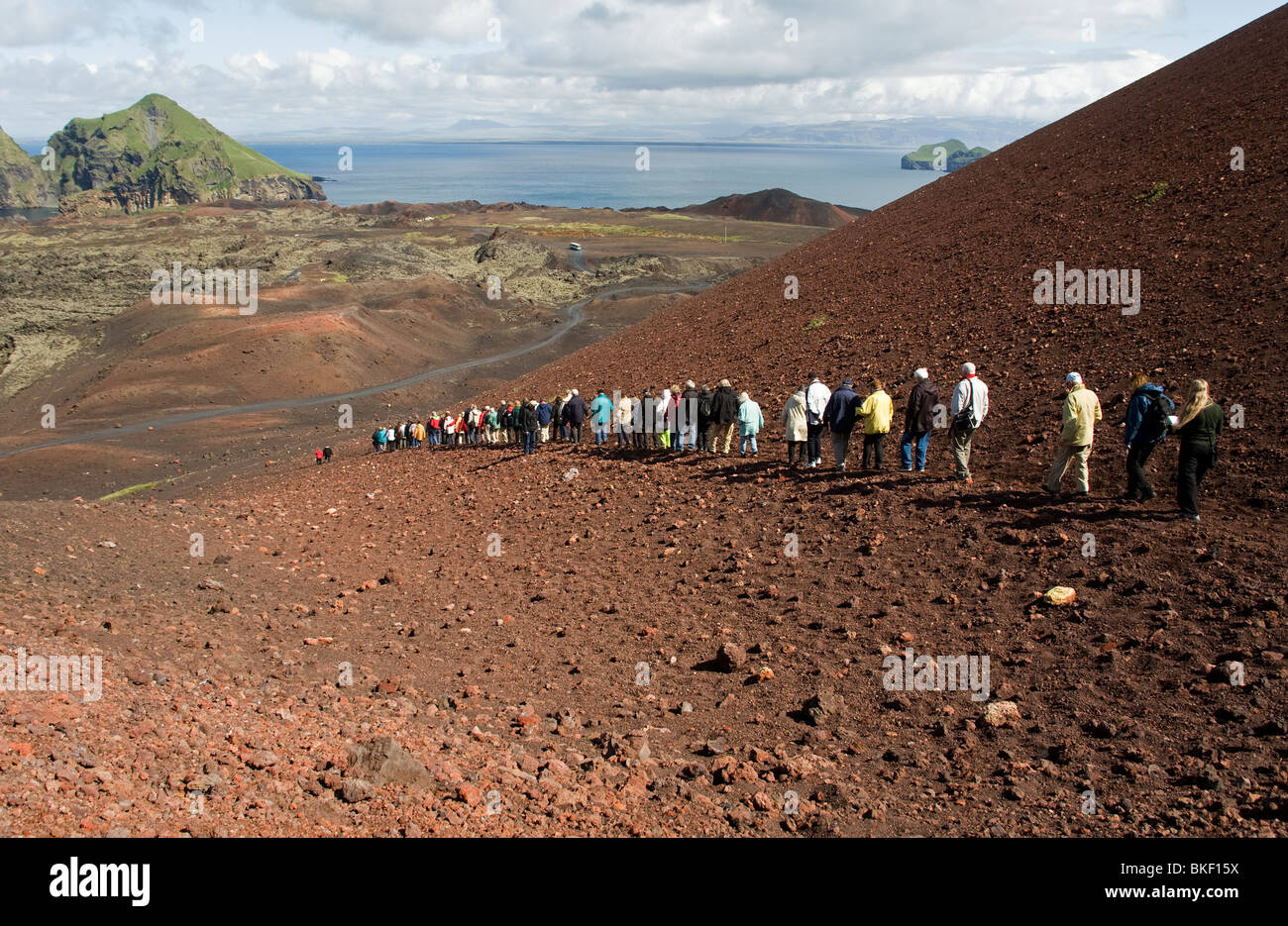 Gruppo turistico sul pendio del Vulcano Eldfell Vestmannaeyar Islanda Foto Stock