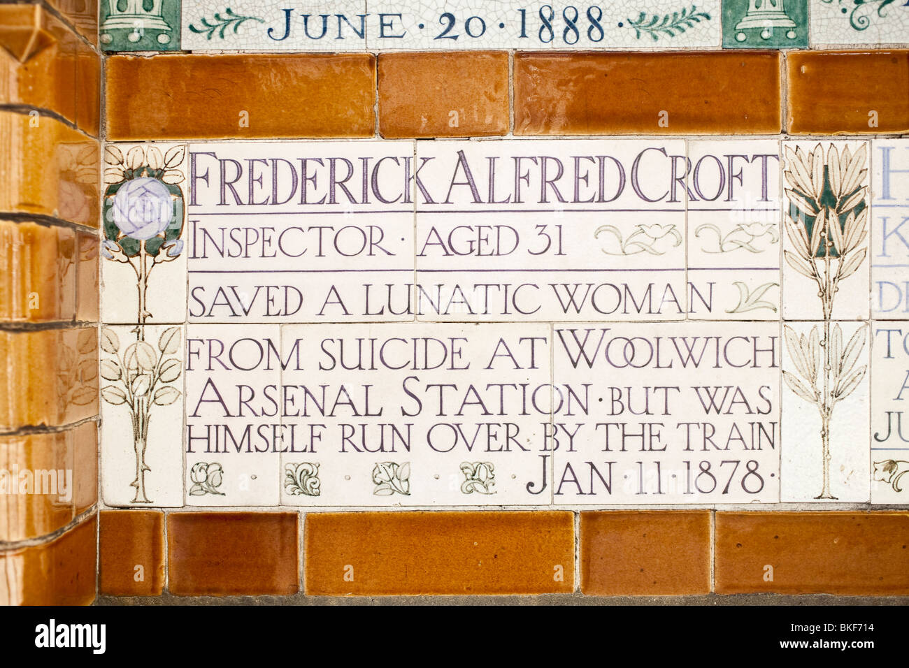 Lapide a Frederick Alfred Croft. Postmans Park, la città di Londra, Inghilterra, Regno Unito Foto Stock