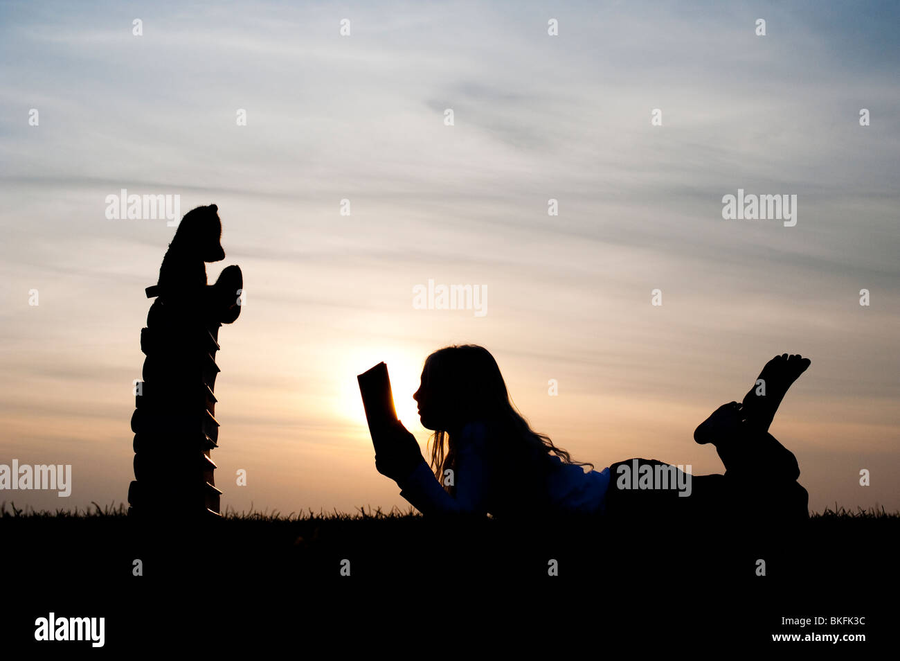 Ragazza giovane disteso la lettura di un libro di fronte a un orsacchiotto seduto su una pila di libri al tramonto. Silhouette Foto Stock