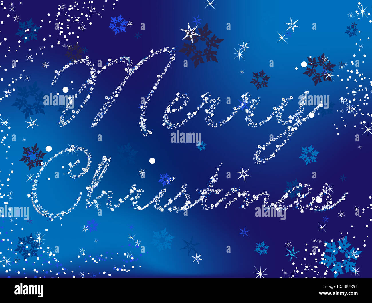 Buon Natale Immagine vettoriale scritto in fiocchi di neve e stelle Foto Stock