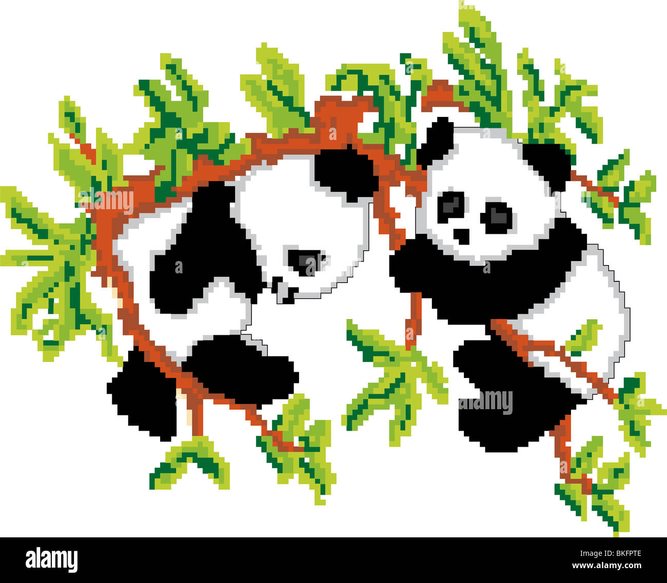 Pandas poggiante su albero basato su pixel art Foto Stock