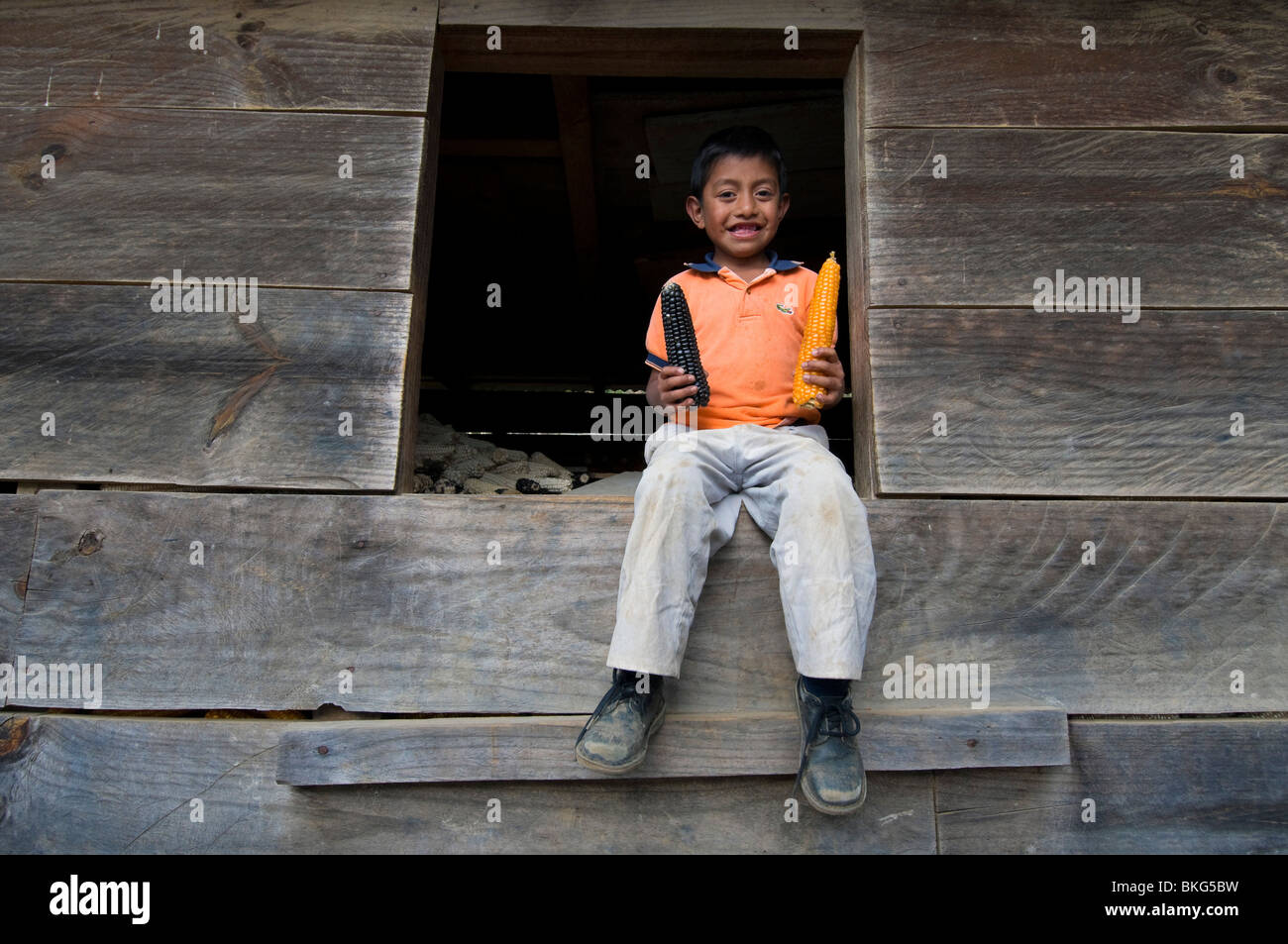 Bambino guatemalteco nella parte anteriore del granaio dove il grano è immagazzinato Solola dipartimento Guatemala Foto Stock