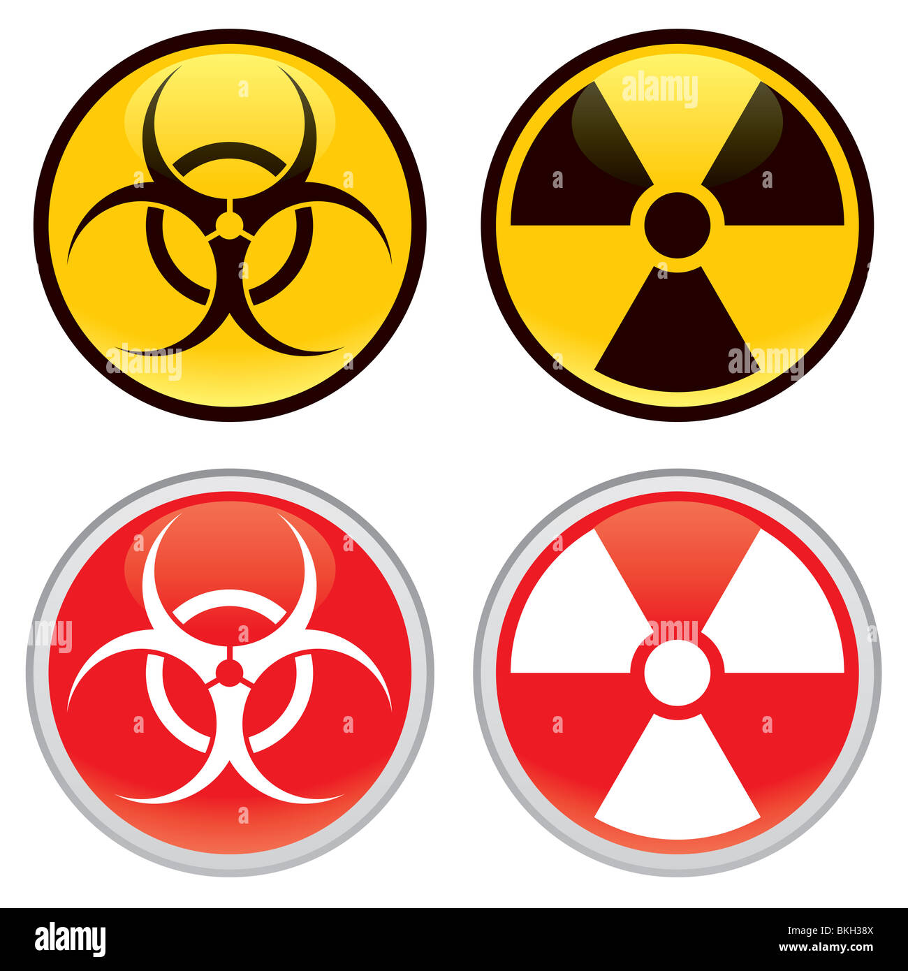 Biohazard radioattivi e cartelli di avvertimento. Shiny biohazard radioattivo e di avvertenza di segni e di simboli. Foto Stock