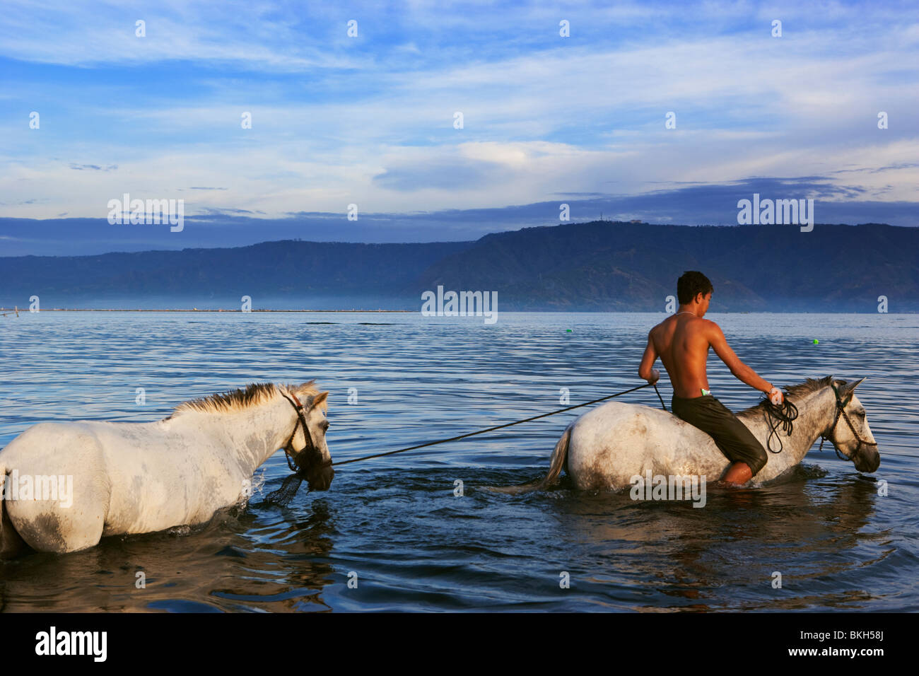 Isola di Vulcano abitante giostre i suoi cavalli nel Lago Taal Batangas;; Filippine Foto Stock