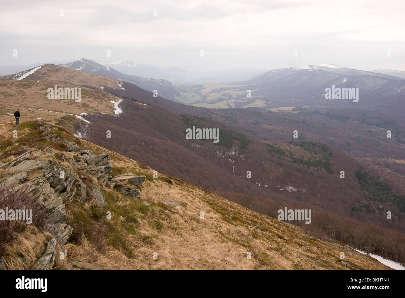 Bergwandelen dicht bij het drielandenpunt Polen-Oekraine-Slovakije. Hill climbing vicino al punto in cui la Polonia, Ucraina e Slovacchia per soddisfare. Foto Stock