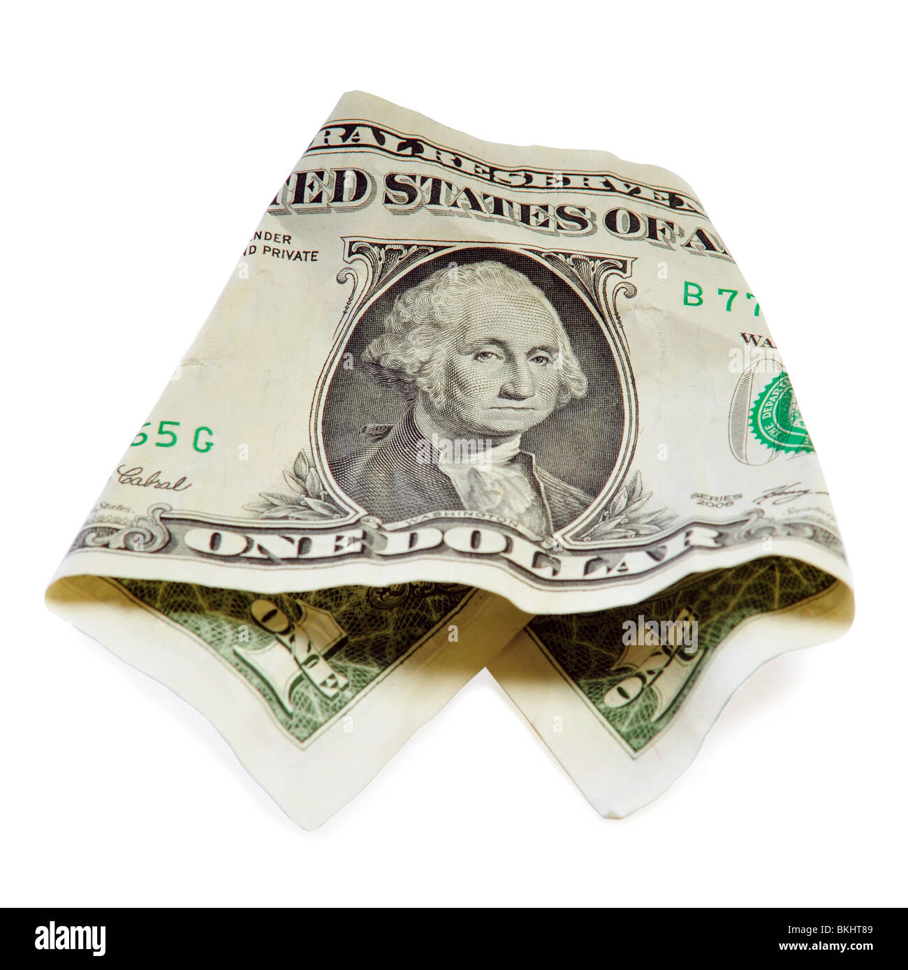 Un dollaro spiegazzata isolata su bianco Foto Stock