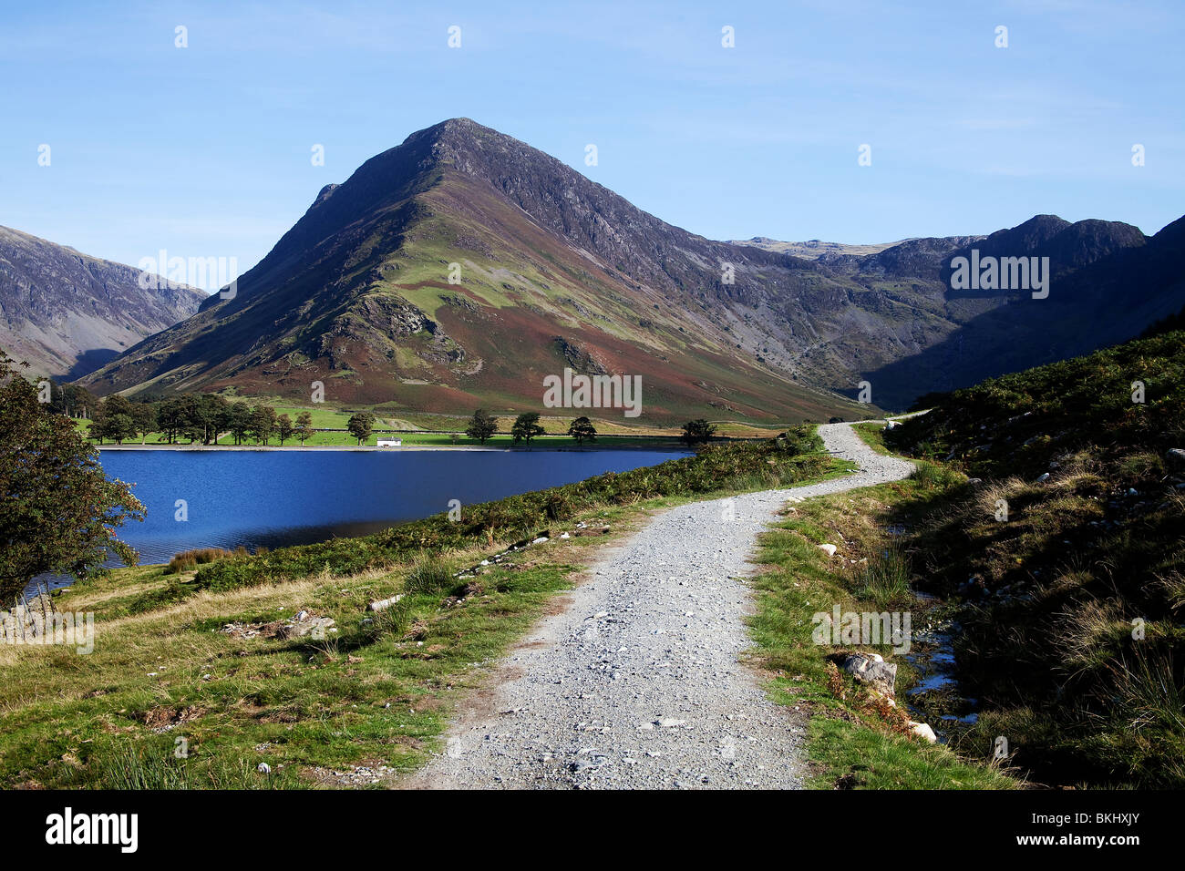 Vista di Buttermere in Cumbria mostra Fleetwith luccio alla testa del lago. Cielo blu nel tardo autunno Foto Stock