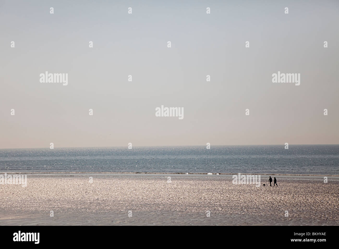 Due persone con il cane a camminare sulla spiaggia vuota Pendine sands Wales UK Foto Stock