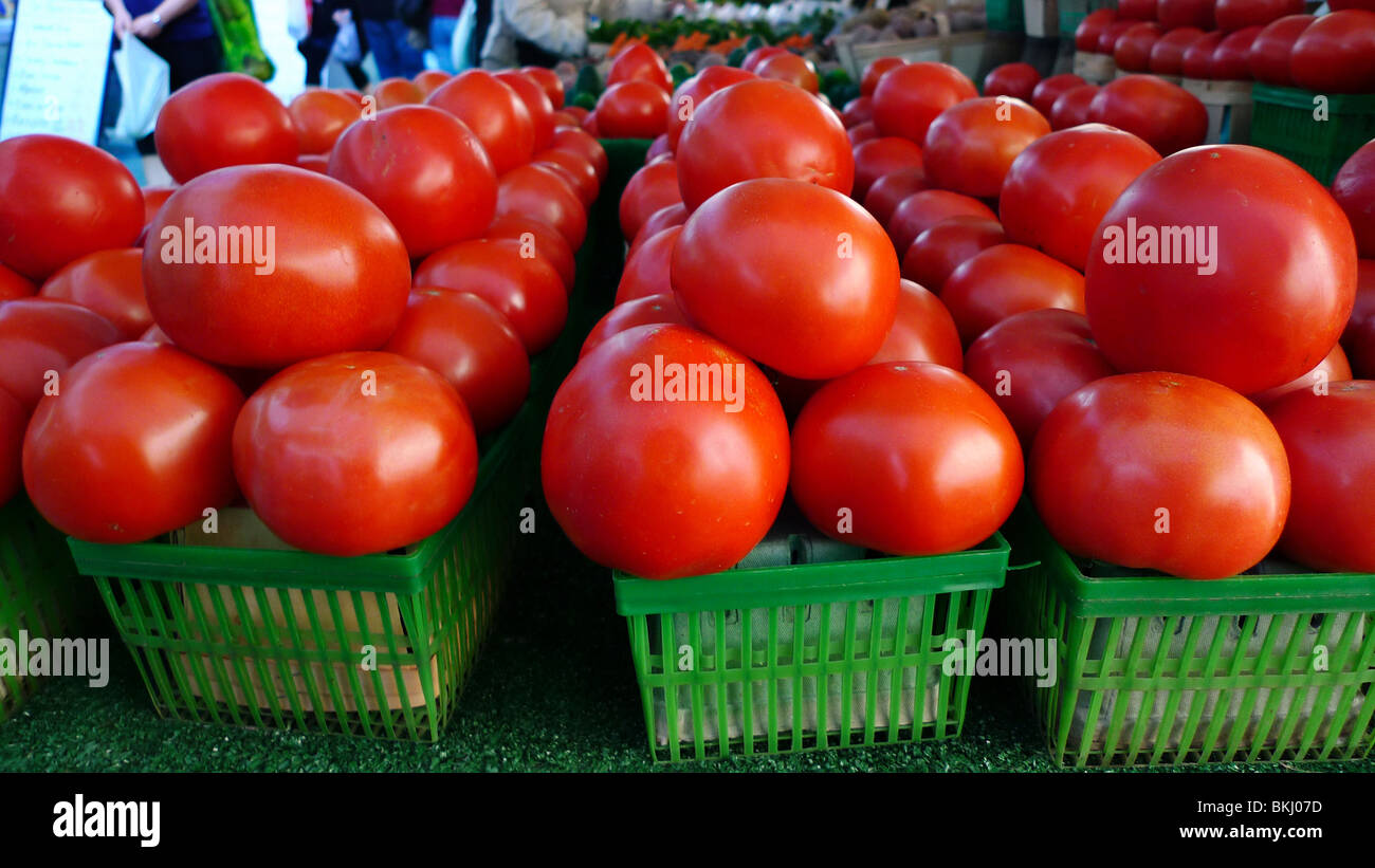 Appena raccolto di pomodori organico sul display nel mercato degli agricoltori. Foto Stock