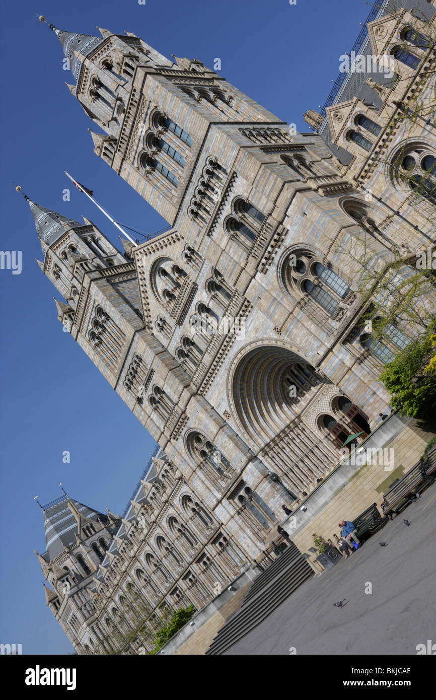 Livello basso e angolato aspetto dell'entrata principale e ala ovest del Museo di Storia Naturale di Londra. Foto Stock