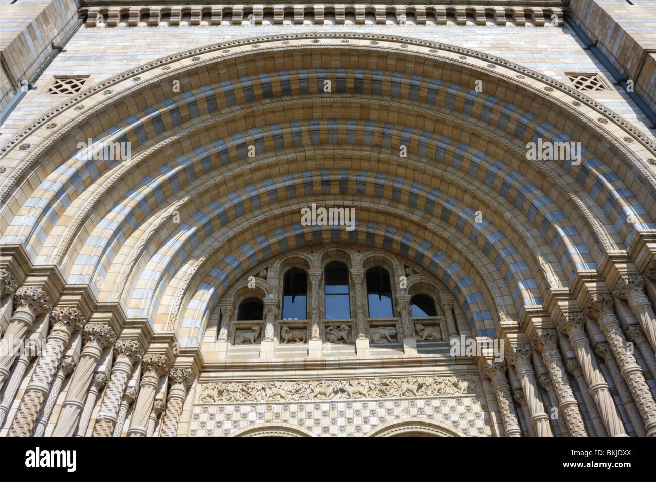 Lesene e dettagli sottili adornano l' entrata principale del Museo di Storia Naturale di South Kensington a Londra. Foto Stock
