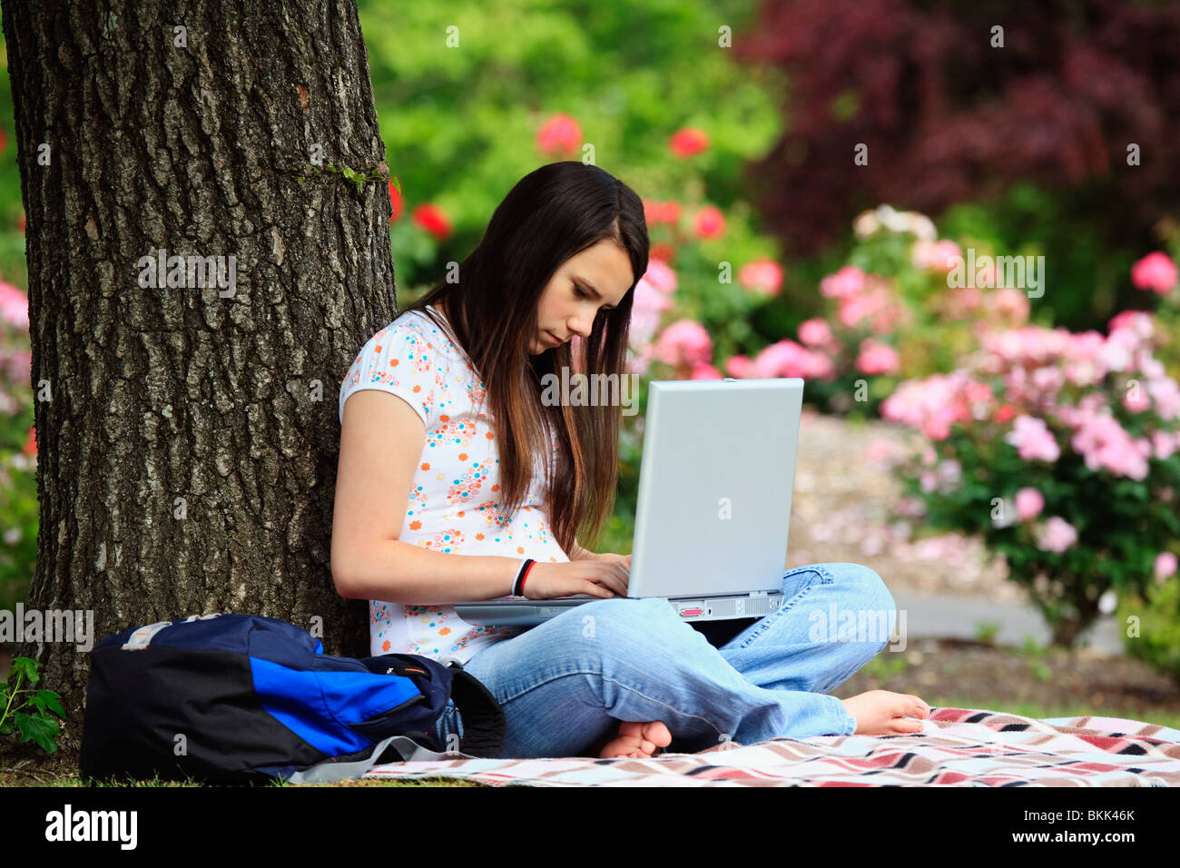 Una ragazza adolescente lavorando sul suo computer portatile sotto un albero Foto Stock