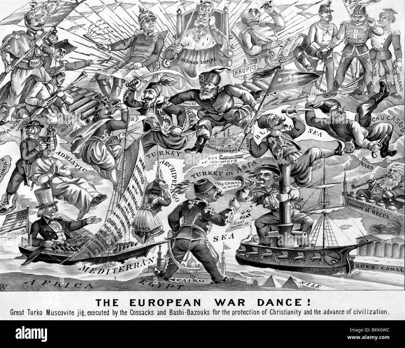 La guerra europea di danza! Grande Turko Muscovite calibro, cartoon dal 1914, inizio della Prima Guerra Mondiale Foto Stock