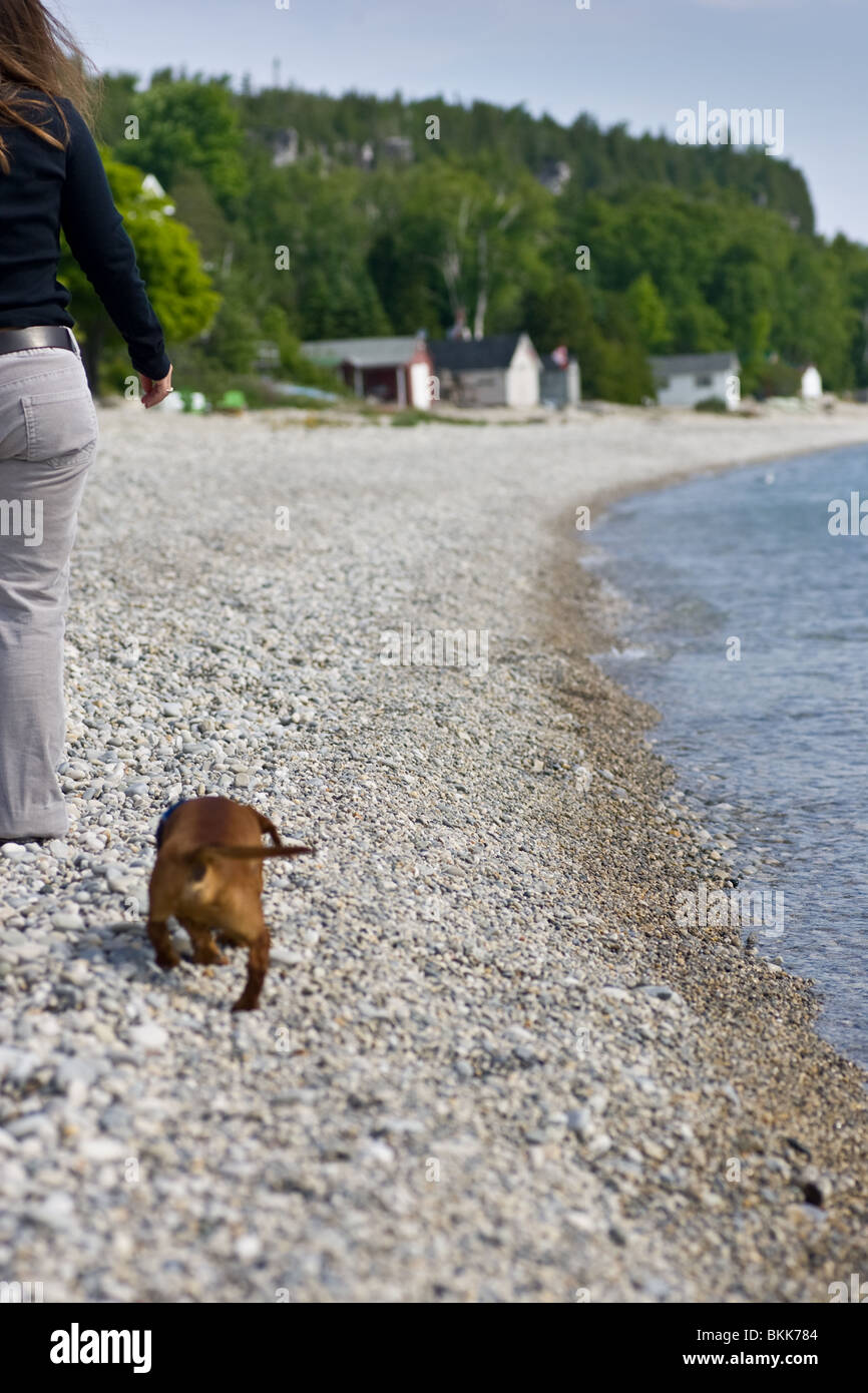 Una donna e il cane a camminare lungo una spiaggia rocciosa vicino al bordo delle acque. Foto Stock