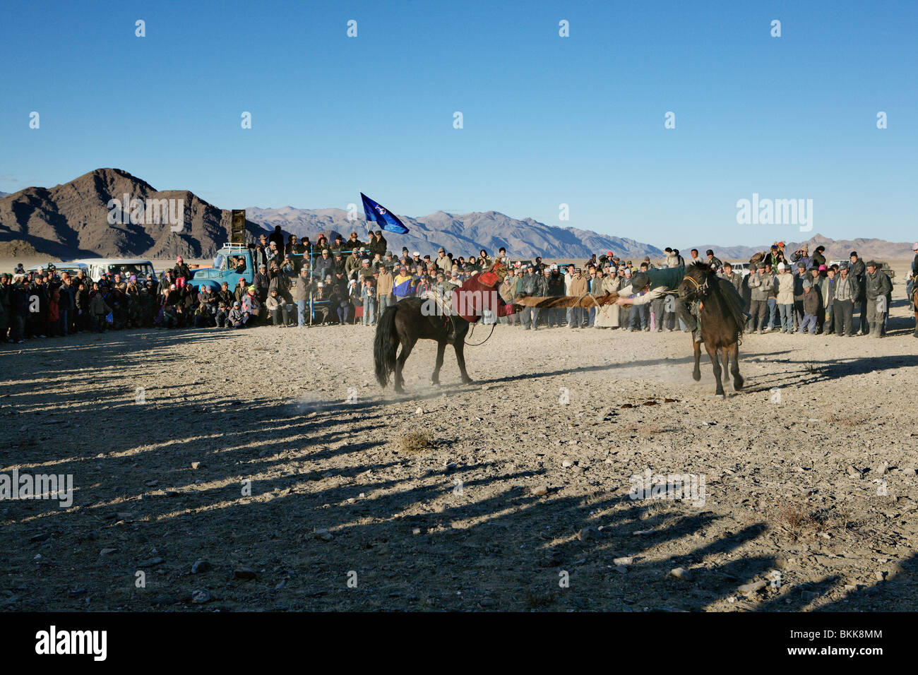 Cavallo match wrestling (kokpar) all'annualmente Golden Eagle festival in bayan Olgii, Mongolia occidentale. Foto Stock