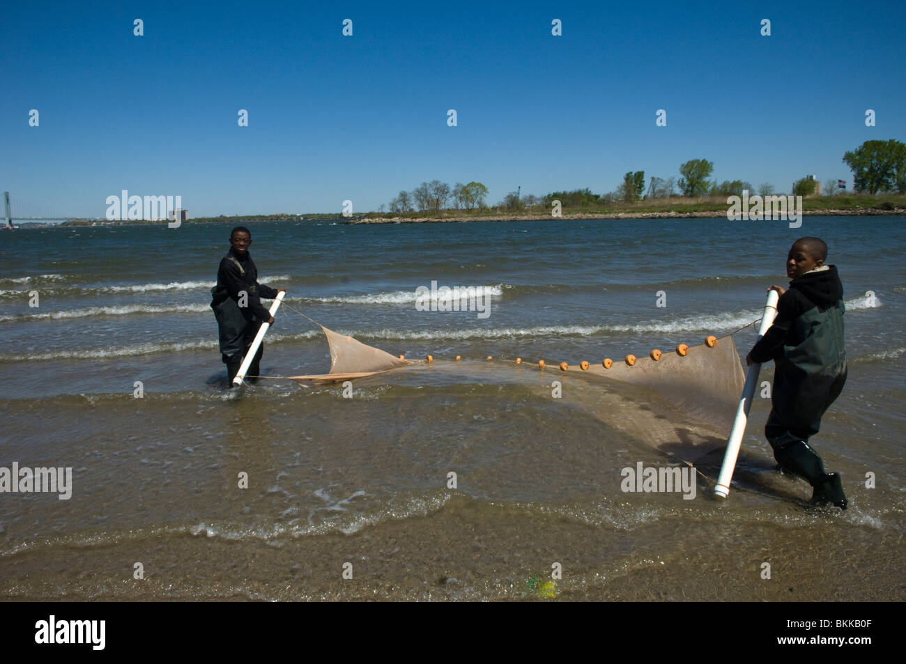 Gli studenti test della qualità dell'acqua e cerca le acque per la vita marina a Coney Island Creek di Brooklyn a New York Foto Stock