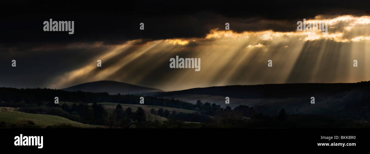 Sunray rompere attraverso il cielo in tempesta, preso inizio serata vicino Invershin, guardando verso il Kyle di Sutherland, Scozia Foto Stock