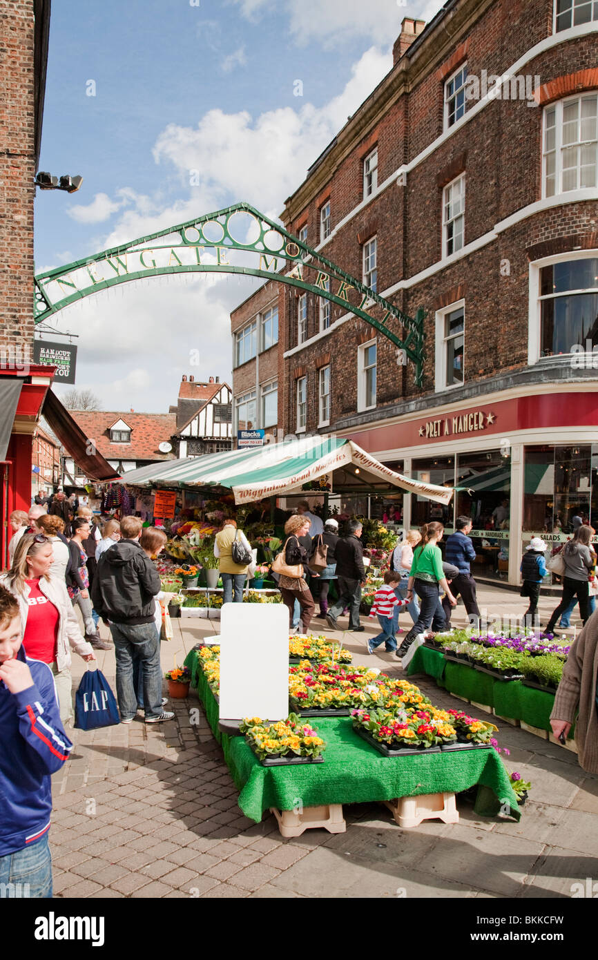 Vivace Newgate Mercato nel centro della città di York, nello Yorkshire, Regno Unito Foto Stock