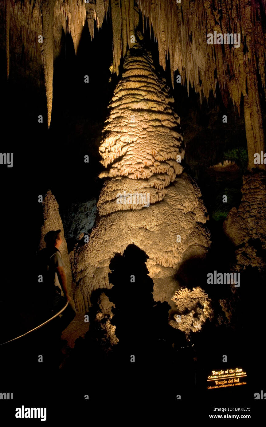 Un grande Stelagmite chiamato il tempio del sole dentro il Carlsbad Caverns. Stelactites piccoli e grandi appesi al soffitto. Foto Stock