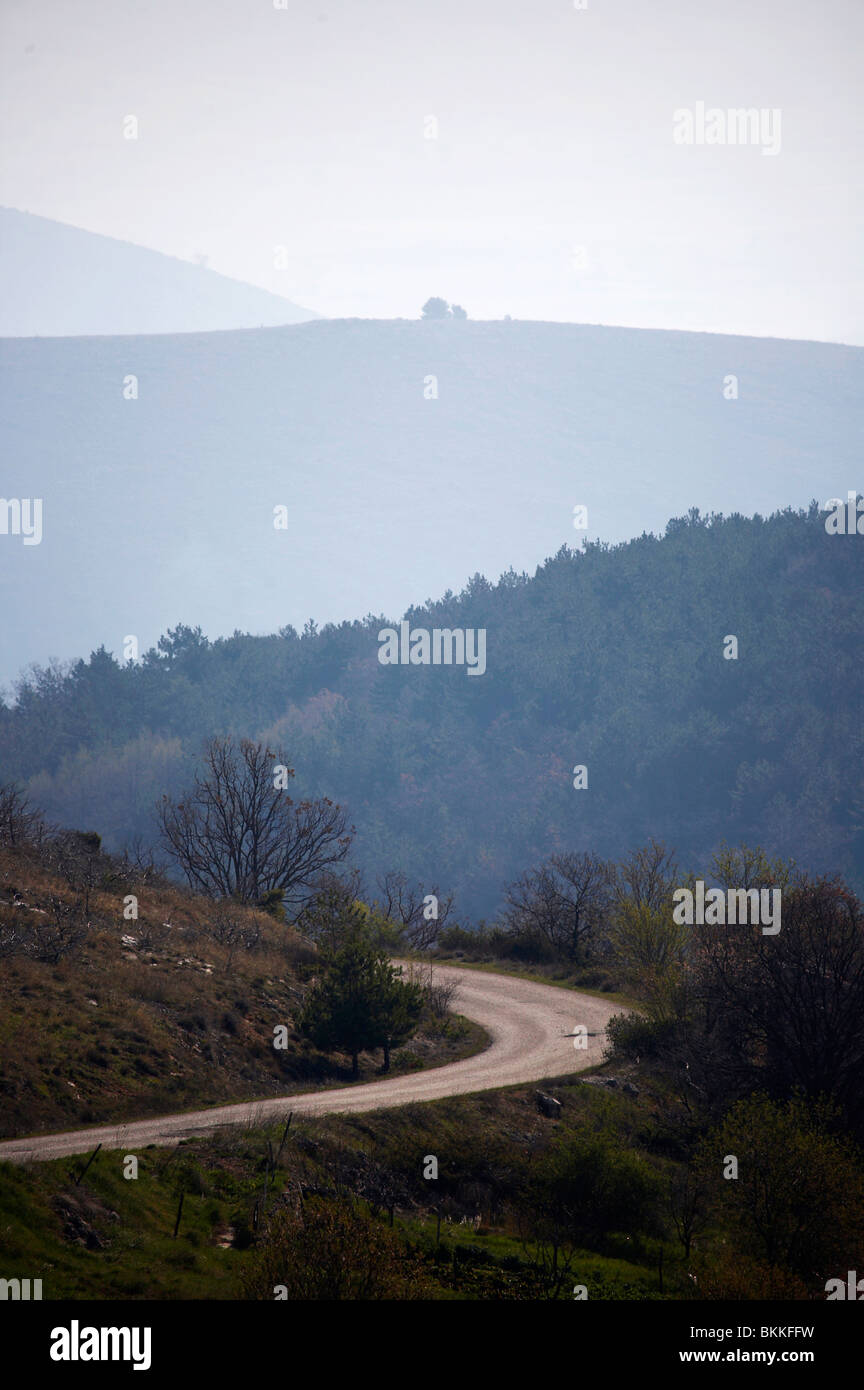 Una strada di campagna che si snoda attraverso la campagna italiana Foto Stock