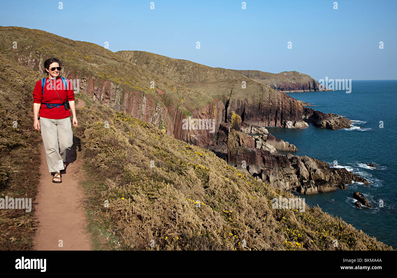 Femmina su a piedi Il Pembrokeshire Coast path a Manorbier Wales UK Foto Stock