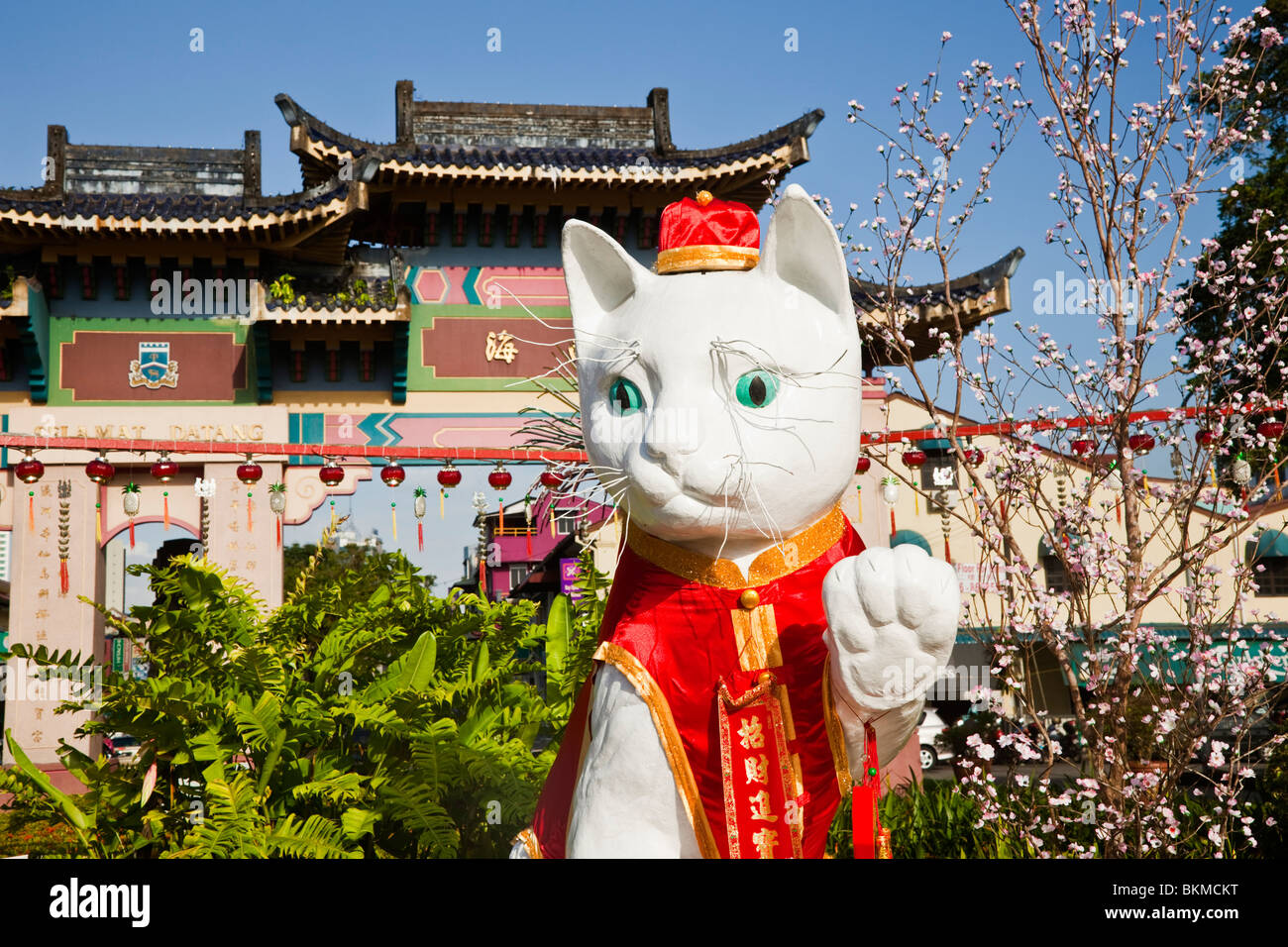 Il grande Cat di Kuching monumento decorato per il Capodanno cinese. Kuching, Sarawak, Borneo Malese. Foto Stock