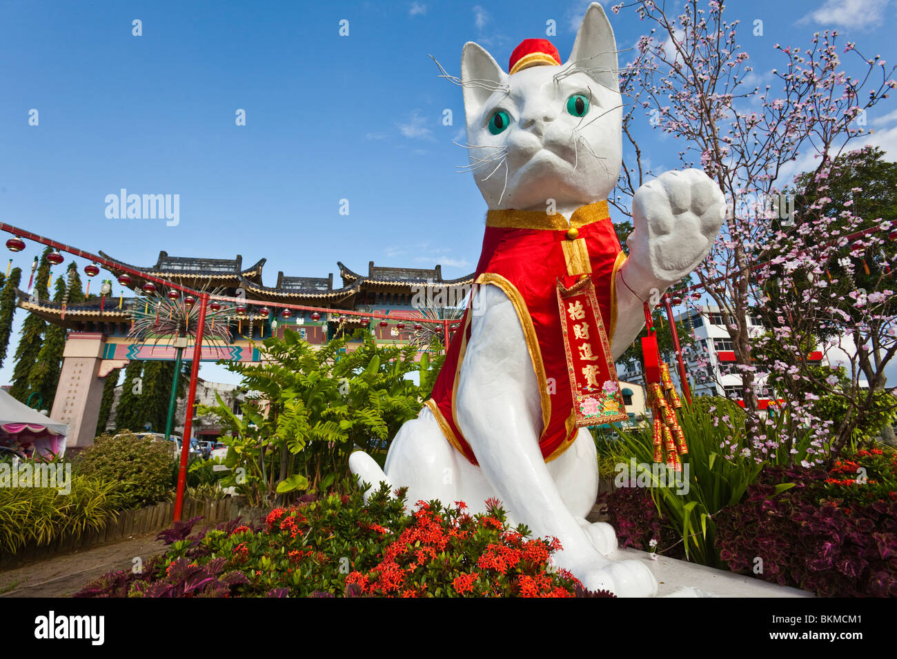 Il grande Cat di Kuching monumento decorato per il Capodanno cinese. Kuching, Sarawak, Borneo Malese. Foto Stock
