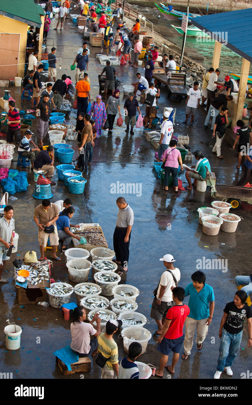 Mattina al mercato del pesce sul lungomare di Sandakan, Sabah Borneo Malese. Foto Stock