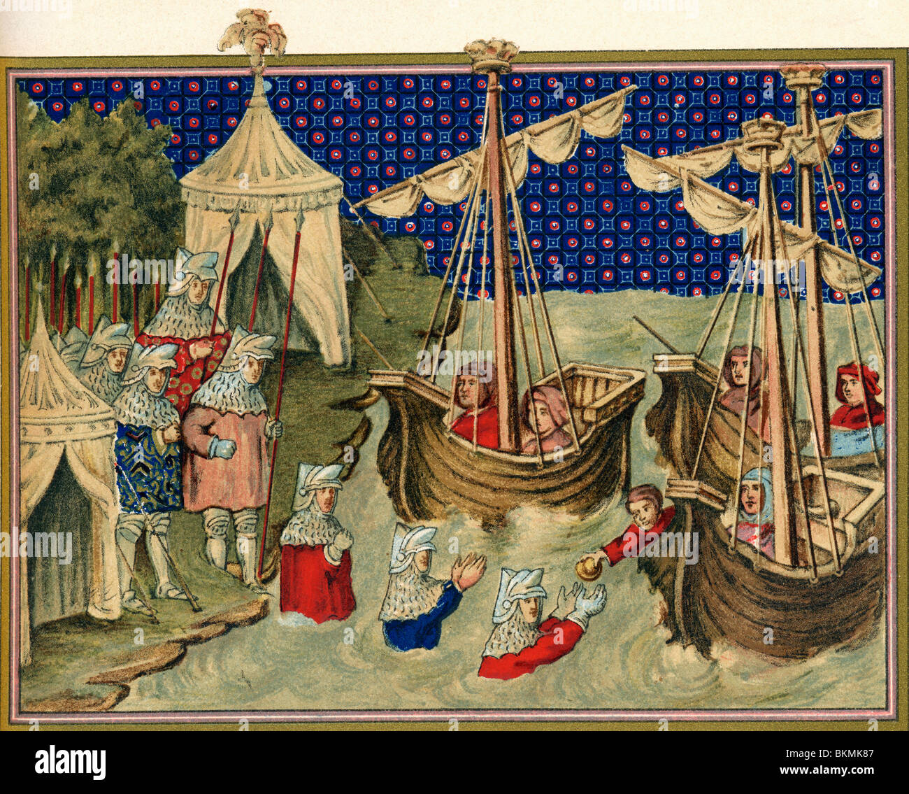 Scena da Richard II per la campagna in Irlanda nel 1394. Navi portando disposizioni per l'esercito inglese. Foto Stock
