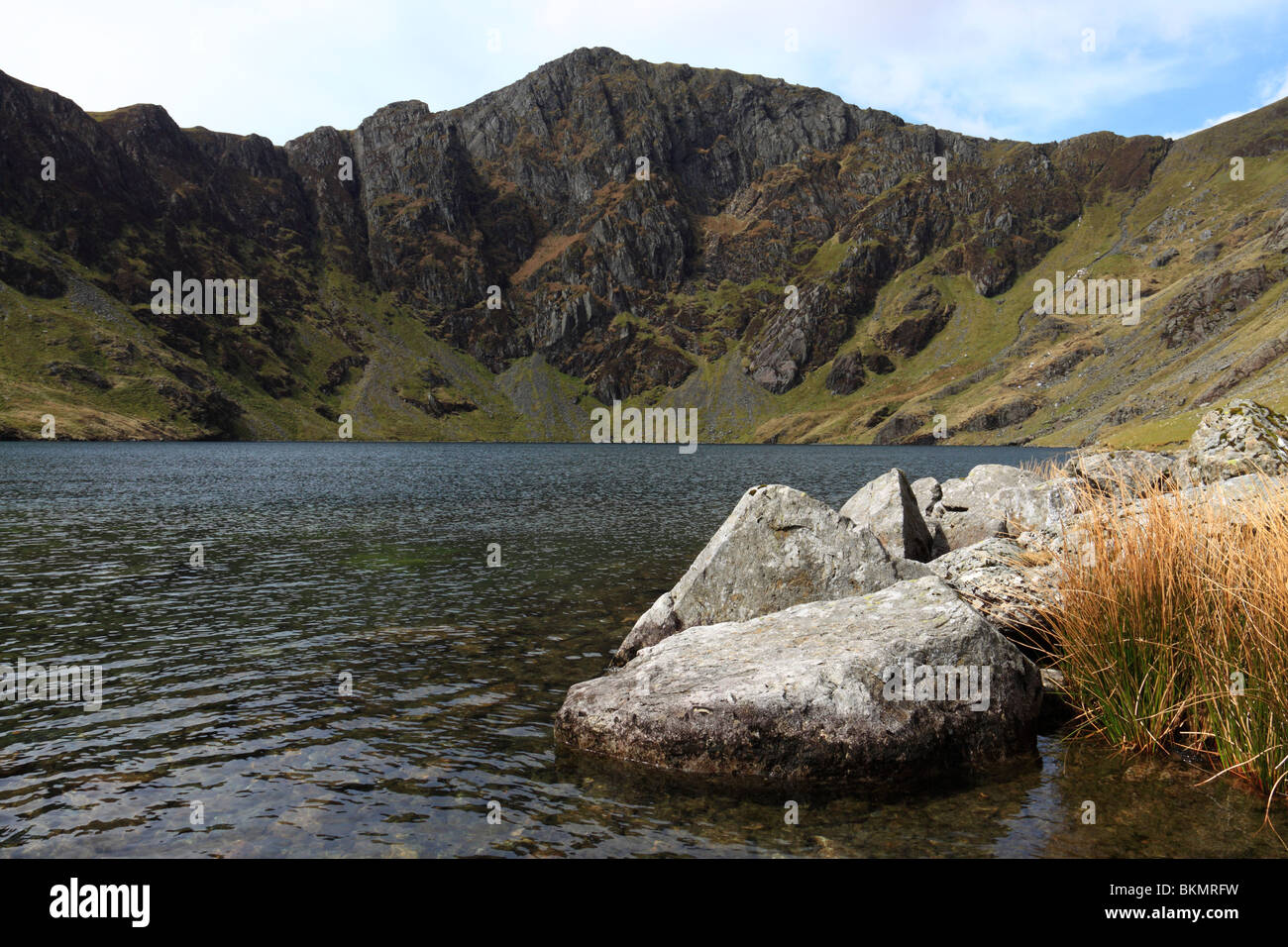 Il lago di Llyn Cau accoccolato sotto la grande scogliera di Craig Cau sulla montagna di Cadair Idris in Snowdonia, il Galles del Nord Foto Stock